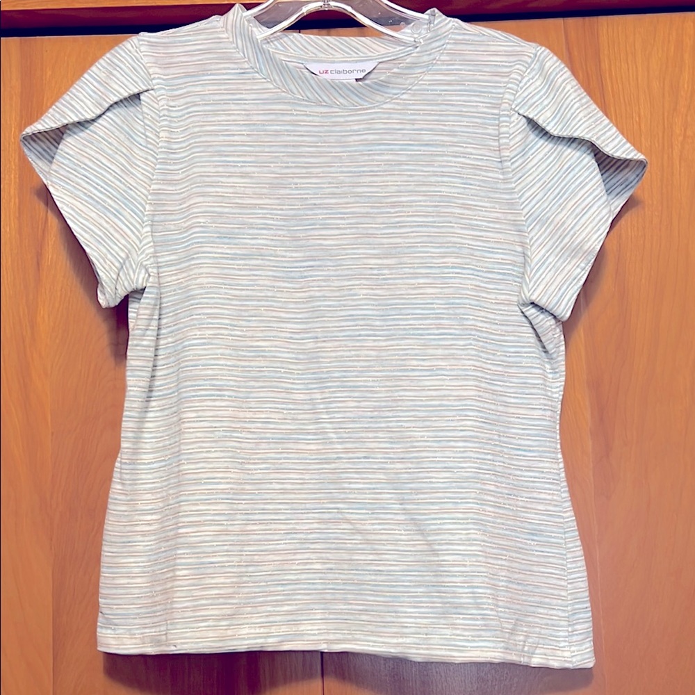 Liz Claiborne Top Petal Sleeves Gold Shimmering Stripe Cream and Teal Size XS
